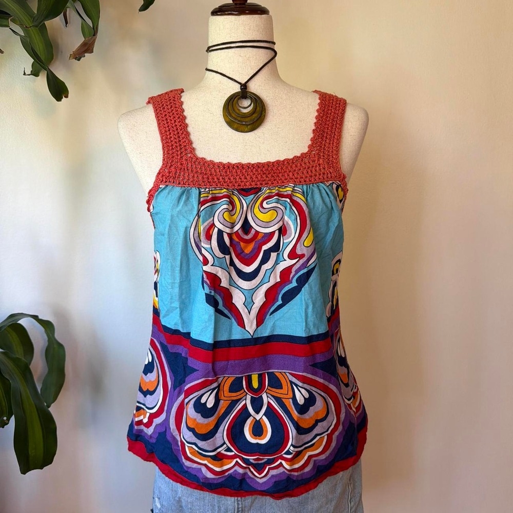 Blue Plate Boho Crochet Trim Psychedelic‎ Print Cotton Tank Top Blue Red Medium